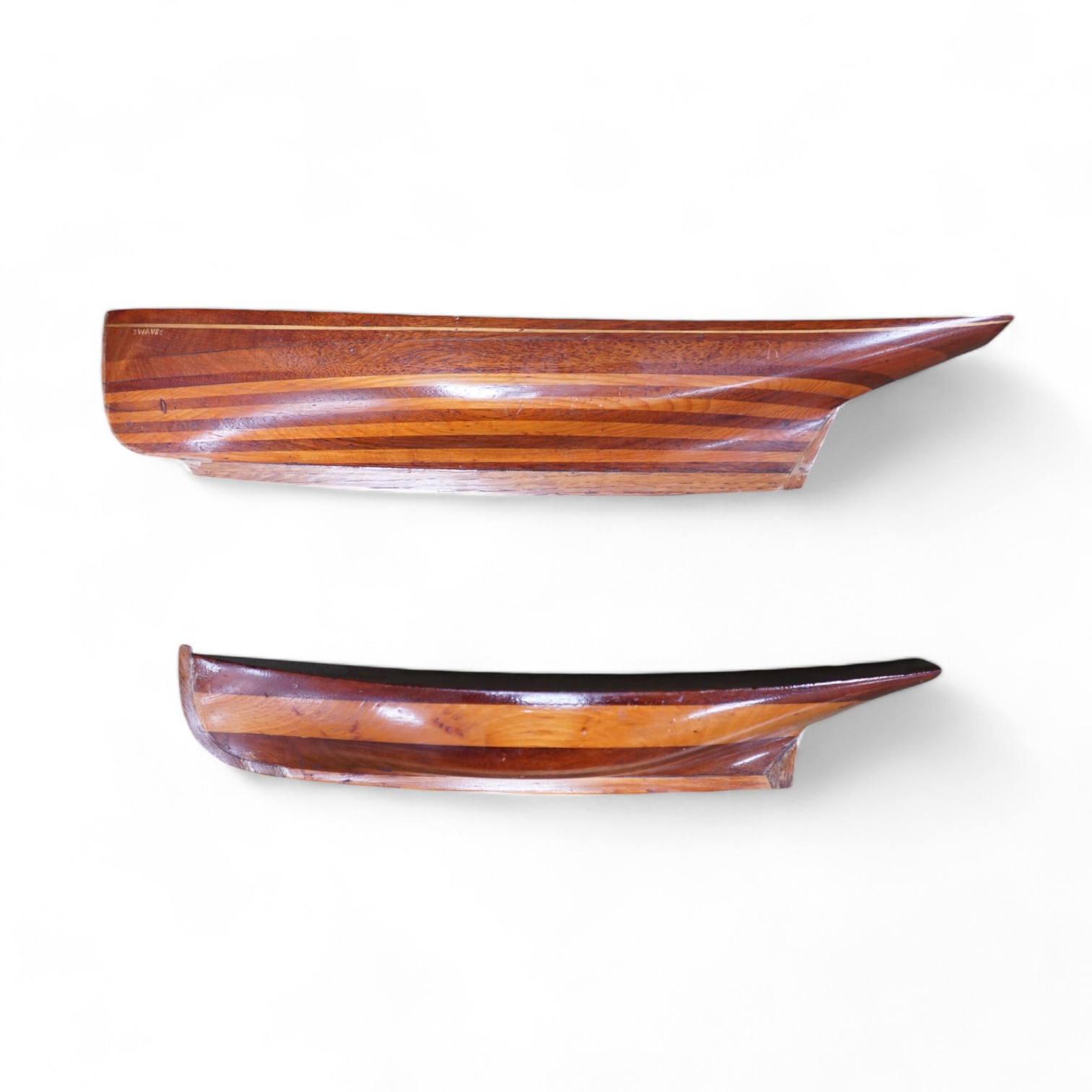 Two mounted cross banded mahogany and yew wood split hull models. Condition - fair to good